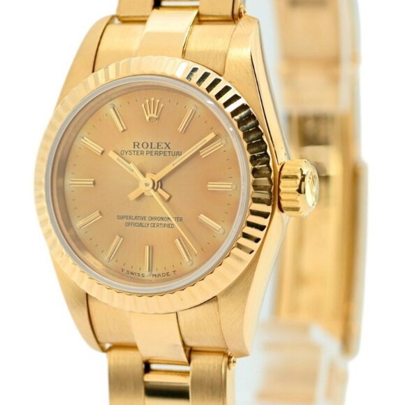 Rolex 24mm Ladies Oyster Perpetual Solid 18k Yellow Gold Tropical Dial Ref 67198 - Picture 2 of 10